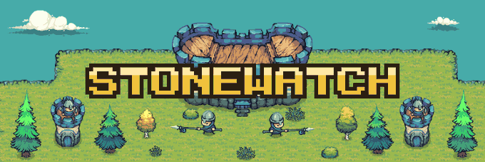A pixel-art style game image featuring the text "STONEWATCH" prominently displayed in the center, with two sword-wielding knight characters, armored statues, and pine trees set against a castle backdrop. The banner-style graphic promotes the Stonewatch GameFi project on Robinhood, fitting the post's announcement about the game's early alpha release.