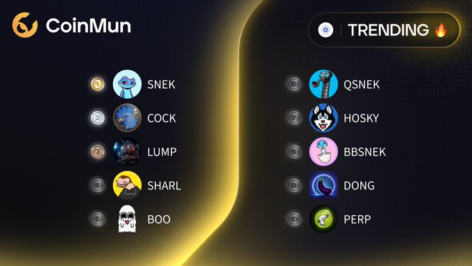 A CoinMun promotional graphic displays the "Top 10 Trending" Cardano meme coins, listing $SNEK, $COCK, $LUMP, $SHARL, $BOO, $QSNEK, $HOSKY, $BBSNEK, $DONG, and $PERP with their respective token avatars arranged alongside their tickers.