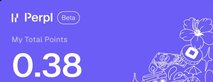 A purple-themed UI screen for 'Perpl Beta' displaying "My Total Points 0.38" alongside decorative illustrations.
