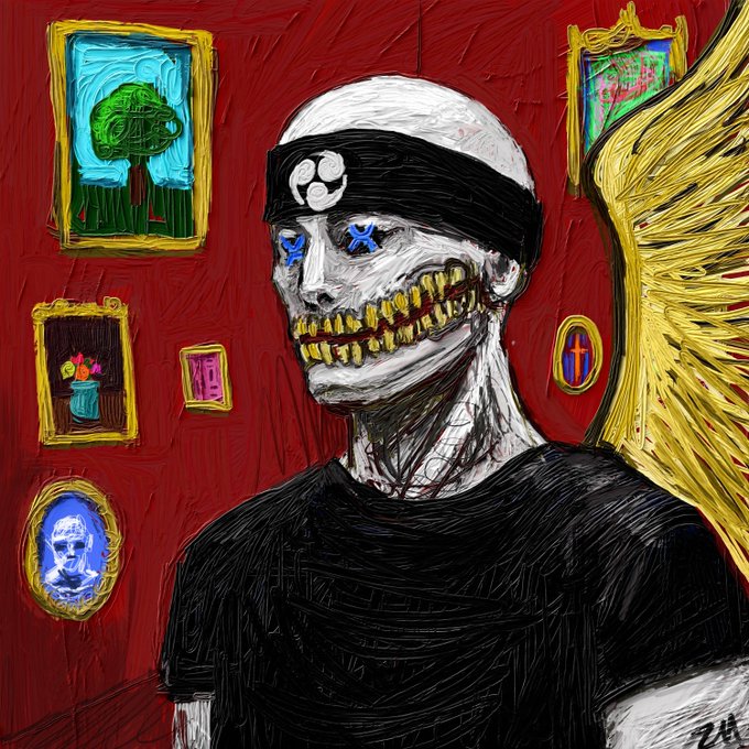 A painted portrait features a skeleton-like figure with a wide grin, blue X-shaped eyes, and a black headband bearing a circular emblem, wearing a black t-shirt against a red wall adorned with various framed artworks. To the right, a large golden sunburst or wing-like structure adds a striking contrast to the dark, stylized character, evoking a haunting, surreal aesthetic that reflects the bold, original artistic vision shared by @TOKYO_D_JPN for the @MasterpieceXRPL collection.