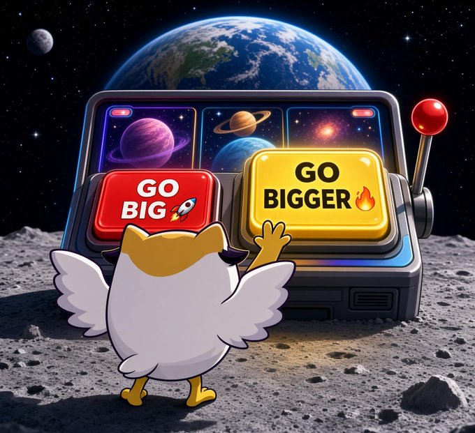 A cartoon bird standing on the moon in front of a slot machine with 'GO BIG' and 'GO BIGGER' buttons, with Earth and planets in space background.