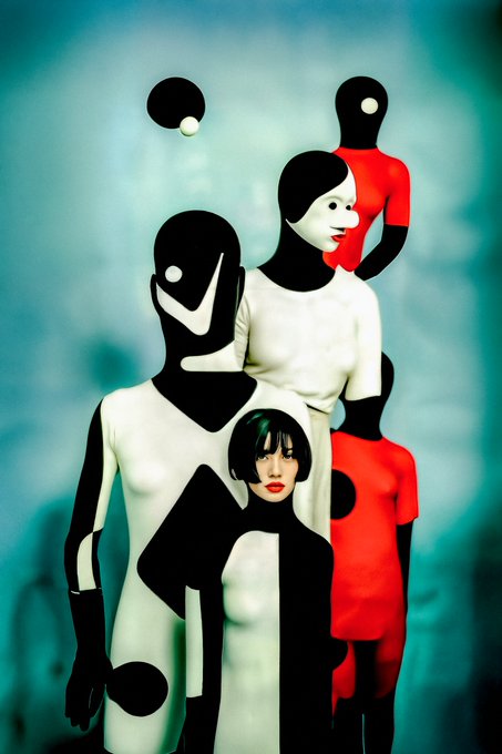 An abstract digital illustration features stylized humanoid figures with geometric black and white patterns against a teal background, with one figure displaying a realistic face.
