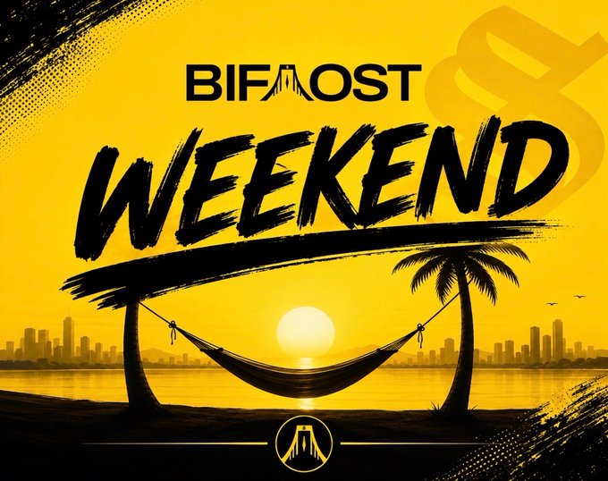 A yellow and black promotional graphic for "BIFAOST WEEKEND" featuring a silhouetted hammock, palm trees, and city skyline against a sunset.