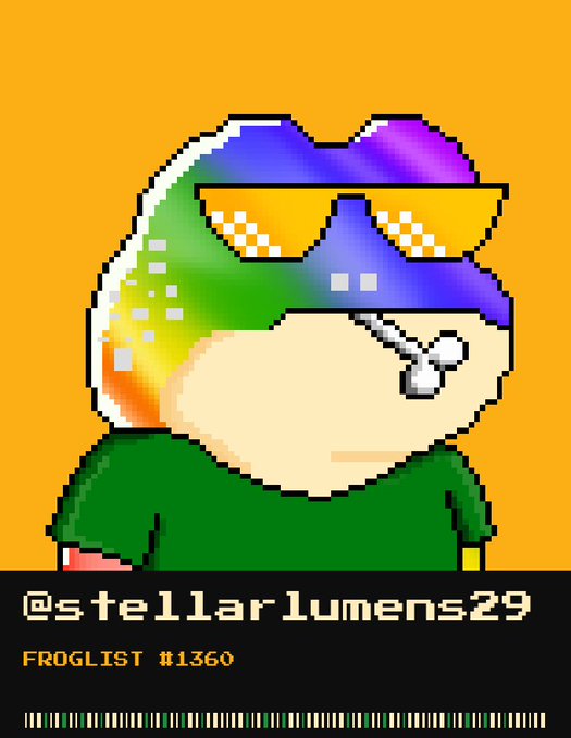 A pixel art character with rainbow-colored hair, orange sunglasses, and a green shirt on an orange background, labeled '@stellar1umens29' and 'FROGLIST #1360'.