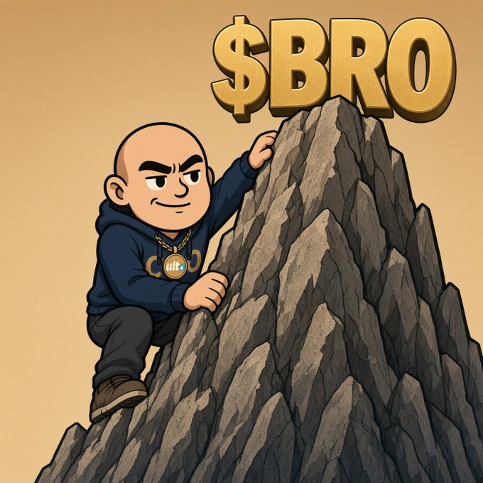 A cartoon illustration of a bald man wearing a blue hoodie and a gold chain, climbing a rocky mountain peak with the text "$BRO" displayed in large gold letters at the top.