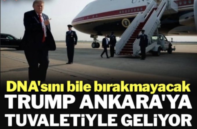 Donald Trump arrives at Ankara with his toilet, text reads "Even his DNA won't be left behind. TRUMP IS COMING TO ANKARA WITH HIS TOILET." This imagery, coupled with the derogatory "shit coin" comment in the post, suggests a critique of Trump and his perceived influence.