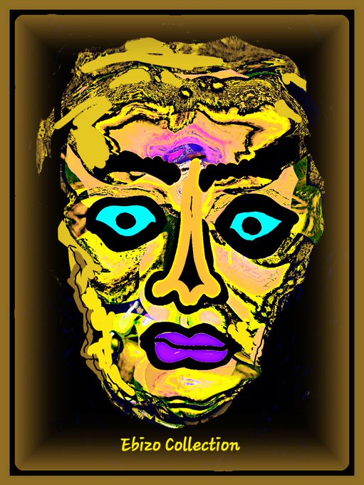 A stylized artistic portrait of a face with bright yellow, green, and purple coloring, featuring striking blue eyes and purple lips, labeled 'Ebizo Collection' at the bottom.