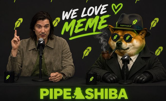 Promotional meme image featuring a man and an anthropomorphic dog wearing sunglasses and a fedora, smoking a pipe, with text 'WE LOVE MEME' and 'PIPESHIBA' branding the Robinhood mascot doge.