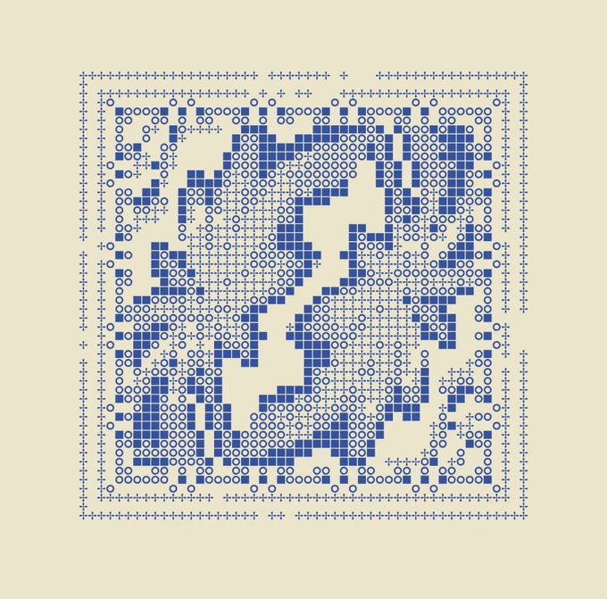 A blue and yellow cross-stitch pattern design depicting a stylized figure with flowing hair composed of plus signs and circles.