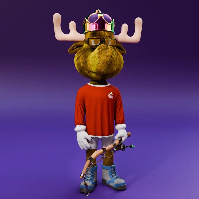 A 3D-rendered anthropomorphic moose character wearing sunglasses, a colorful crown, a red shirt with a small house logo, and blue boots, holding a bow.