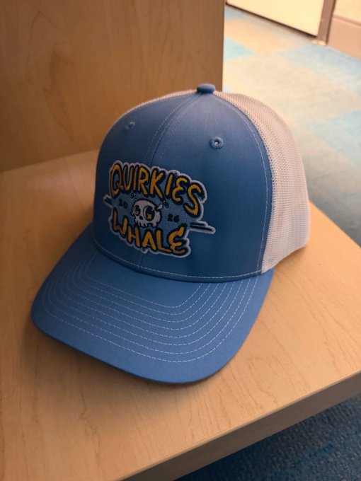 A blue and white trucker hat with the text "QUIRKIES WHALE" and a cartoon character logo sits on a wooden surface.