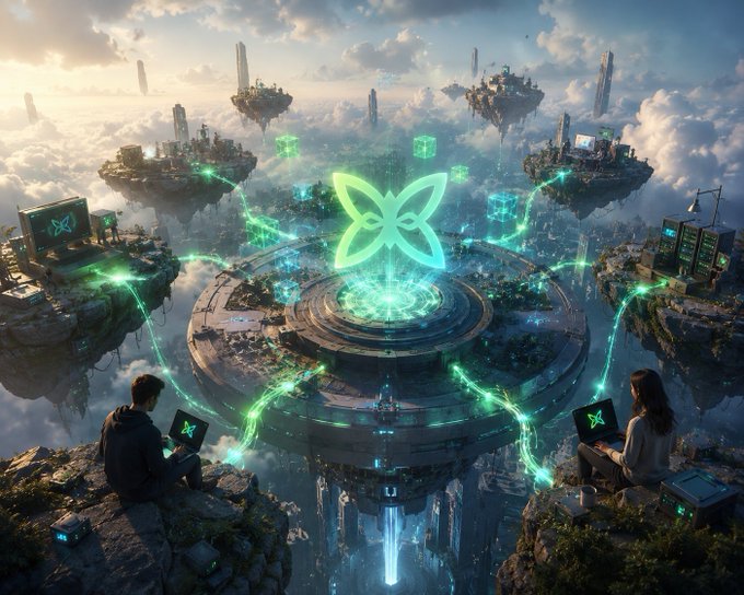 A futuristic digital artwork depicting two people sitting on floating islands, working on laptops while connected to a central glowing green Thorchain butterfly/atom logo with data streams.