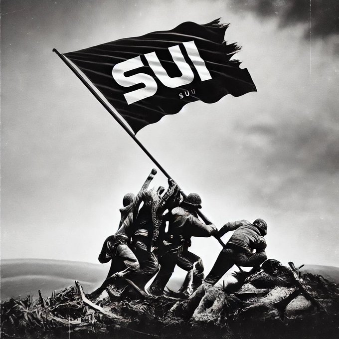 A black and white parody of the iconic Iwo Jima flag-raising photo, with soldiers raising a flag bearing the 'SUI' logo (a cryptocurrency).