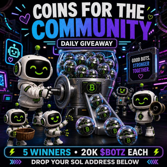 A vibrant promotional graphic for "Coins for the Community" featuring a "$BOTZ" giveaway with cute robot mascots, a gumball machine filled with Bitcoin-branded tokens, and text announcing "5 WINNERS • 20K $BOTZ EACH" and "DAILY GIVEAWAY," instructing viewers to "DROP YOUR SOL ADDRESS BELOW" to participate.