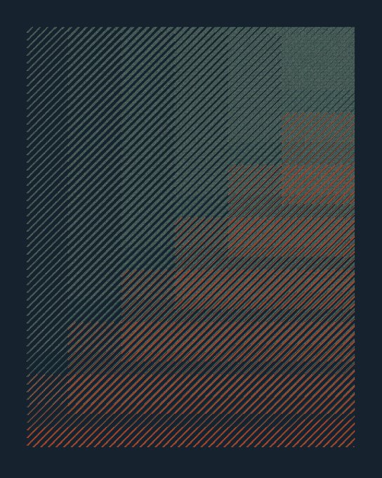 The image showcases a generative artwork from the QQL algorithm featuring a diagonal composition with a teal-green upper-left section and a contrasting burnt orange lower-right section, both rendered with fine diagonal line patterns that create texture and depth across the canvas.

This piece reflects the QQL community's ongoing exploration and evolution of the algorithm, as mentioned in the post, demonstrating one of the millions of unique seeds and parametric variations generated over the past 4 years by artist @0xSimulacrum.