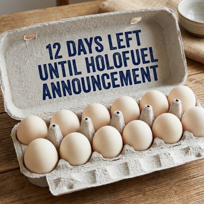 An egg carton with the text '12 DAYS LEFT UNTIL HOLOFUEL ANNOUNCEMENT' printed on the inside of the lid.