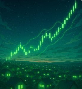 A green candlestick chart soars dramatically across a starry night sky above a small town, visually echoing the post's bold claim that "Dogecoin will 70x. Be prepared." The image pairs the optimism of skyrocketing market charts with the quiet calm of a sleeping community, reinforcing the message of anticipated explosive growth.