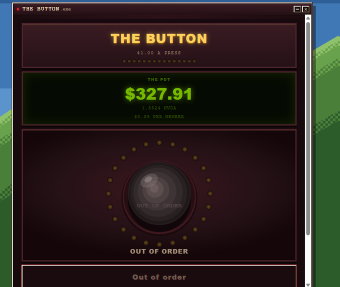 A retro-styled desktop application titled "THE BUTTON .exe" displays a pot of $327.91 (1.5524 BUDA, $0.35 per member), but the button itself is marked "OUT OF ORDER," suggesting the trading mechanism is currently disabled—a potentially relevant detail for the degen $1 mint floor $6 strategy.