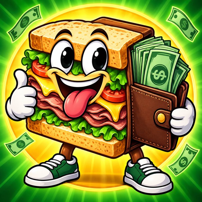 A cartoon character made of a sandwich holds a brown wallet overflowing with cash, giving a thumbs-up while dollar bills fly in the green background.