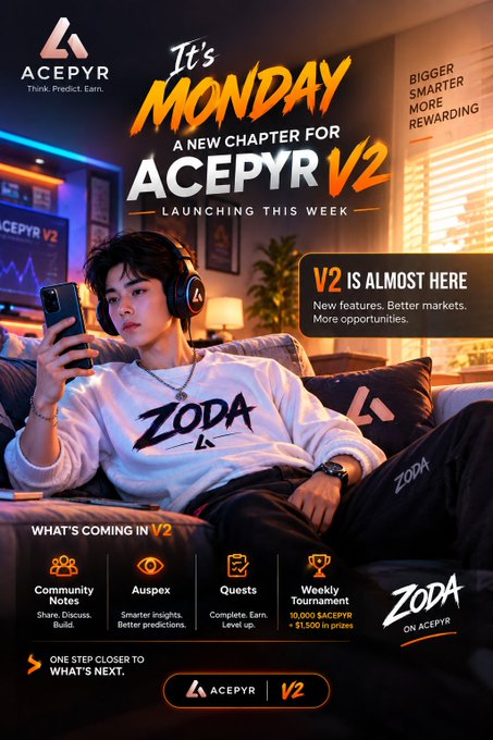The promotional image announces the upcoming launch of Acepyr V2 with the tagline "It's Monday, A New Chapter for Acepyr V2," highlighting improvements like Community Notes, Auspex (smarter insights and better predictions), Quests, and a Weekly Tournament offering 10,000 $ACEPYR plus $1,500 in prizes—directly aligning with the post's mention of Auspex's Classic, Live, and Mirror markets as Acepyr explores prediction markets beyond questions with definitive answers.