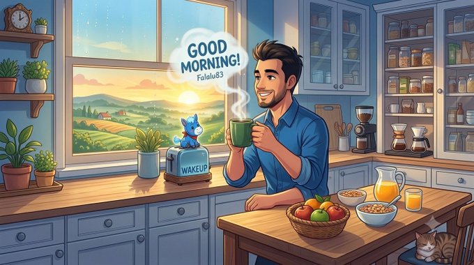 A stylized illustration of a man holding a coffee mug in a sunlit kitchen with a 'GOOD MORNING!' speech bubble labeled 'Fallalu83', a 'WAKEUP' toaster, and various breakfast items.