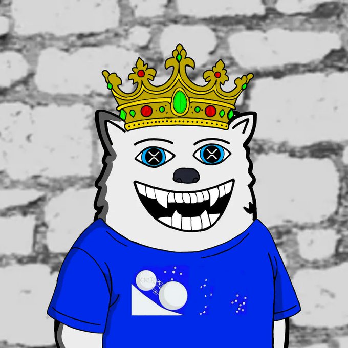 A cartoon illustration of a grinning white cat/dog character wearing a gold crown with jewels and a blue shirt with a pill/tablet design, set against a white brick wall background.