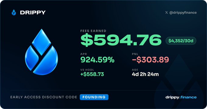 A promotional graphic for 'DRIPPY' displays a blue water drop logo and crypto earnings statistics, including 'FEES EARNED $594.76' and 'APR 924.59%', with a discount code 'FOUNDING'.