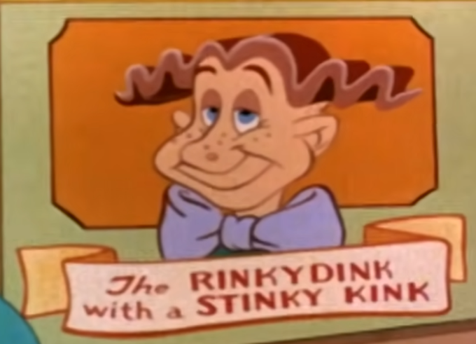 A cartoon character with brown hair and a purple shirt from an old animated show, with a banner reading 'The RINKYDINK with a STINKY KINK'.
