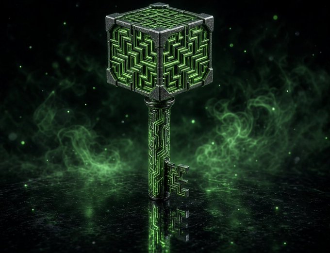 A glowing green ornate key with intricate geometric patterns stands amid swirling emerald mist and sparkling particles, its reflection shimmering on a dark surface below. The image visually represents the unlocking of mystery and potential, symbolizing how the $ROBINVAULT token has "unlocked" something unexpected—transforming from a simple test into a trending token that has captured the curiosity of a growing community on Robinhood.