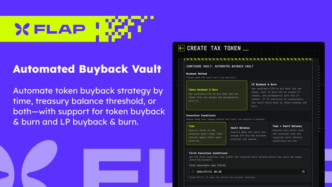 The image is a promotional graphic for Flap's "Automated Buyback Vault" feature, featuring a screenshot of a "Create Tax Token" interface with configuration options for buyback methods (Token Buyback & Burn, LP Buyback & Burn) and execution conditions (Time, Vault Balance, Time + Vault Balance). The accompanying text announces the feature's launch on Robinhood Chain, highlighting automated buyback strategies for token projects, which directly corresponds to the vault configuration interface shown in the image.