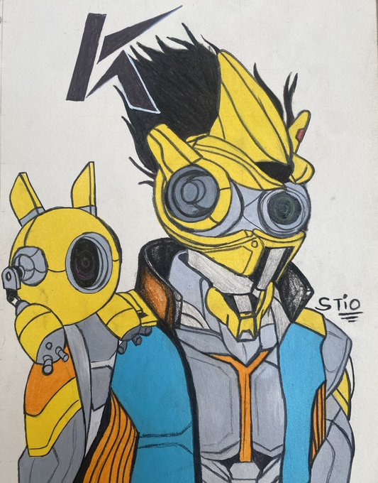 A hand-colored artwork depicting a yellow robotic figure with black spiky hair and large circular eyes, accompanied by a smaller yellow companion on its shoulder, with the text "STIO" signed on the right side. The post celebrates a return to creating art, referencing the piece as a collaboration piece made for the artist Kageuri and minted as an NFT on the specified date.
