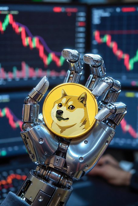 A robotic hand clutches a Dogecoin (DOGE) coin against a backdrop of red bearish trading charts, symbolizing the "HODL" mentality during a market downturn. The image visually reinforces the post's message of holding onto Dogecoin despite the downward price trends displayed on the screens behind it.