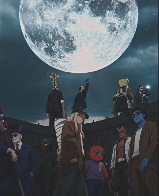 A group of mysterious characters—including a man in a top hat with a striped tail, a top-hatted figure with a golden antlered helmet, a red devil, and a blue-skinned man—gather beneath a massive, glowing full moon at night. The poster's tagline, "4th Quarter arc starts now," suggests an upcoming climactic phase or finale, fitting the dramatic, otherworldly assembly of eclectic personalities.