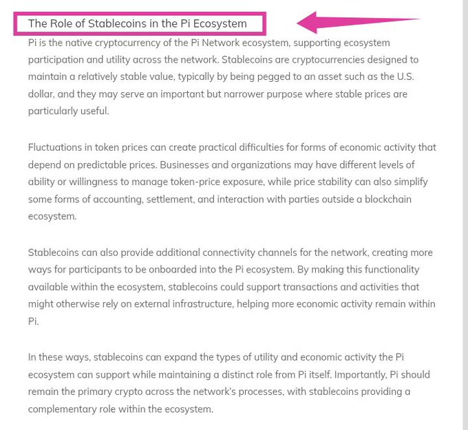 The image shows an article titled "The Role of Stablecoins in the Pi Ecosystem," explaining that while Pi serves as the native cryptocurrency for the Pi Network, stablecoins can complement it by providing price stability for transactions, simplifying accounting and settlement, and creating additional onboarding channels—without replacing Pi's primary role in the ecosystem.