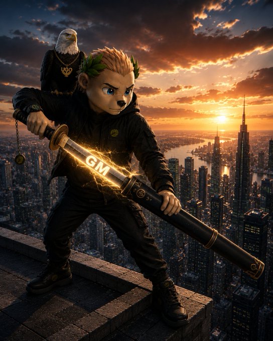 A 3D-rendered character with animal features wearing a laurel wreath and holding a glowing 'GM' katana, with a bald eagle perched on his shoulder overlooking a city skyline at sunset.