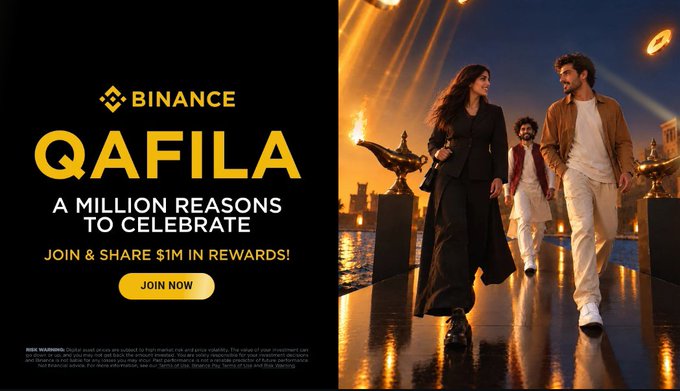 A Binance “QAFILA” campaign ad reading “A MILLION REASONS TO CELEBRATE” and “JOIN & SHARE $1M IN REWARDS!” beside people walking in a lit outdoor setting.