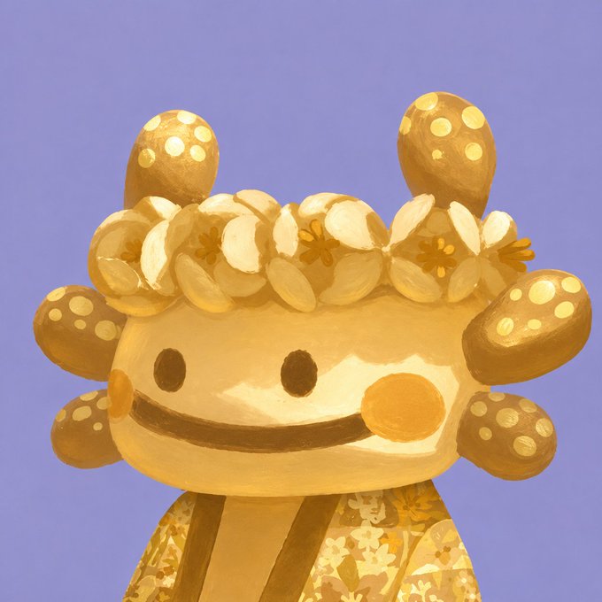 An illustration of a cute golden character with spotted antler-like ears and a flower crown against a purple background, wearing a floral patterned garment.
