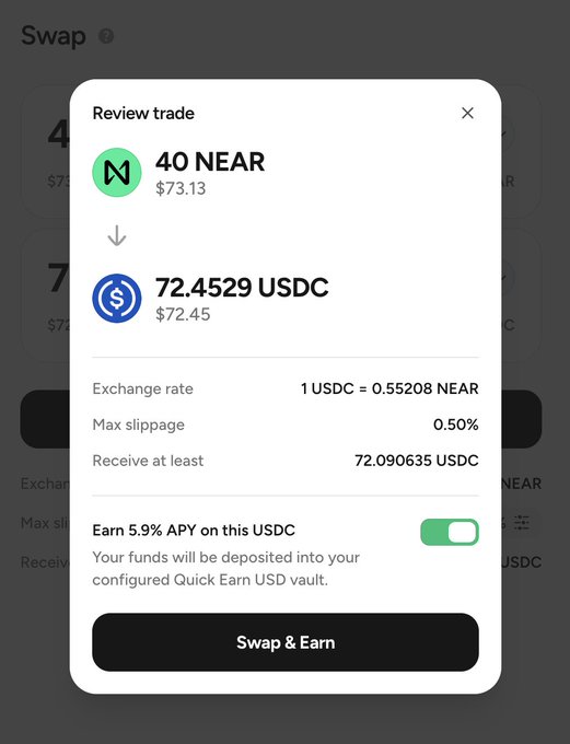 A "Review trade" modal displays swapping 40 NEAR ($73.13) for 72.4529 USDC ($72.45) at an exchange rate of 1 USDC = 0.55208 NEAR, with a "Swap & Earn" button highlighted to emphasize the feature of earning 5.9% APY on USDC through a Quick Earn USD vault—directly supporting the mission to make USD productive for near.com users.
