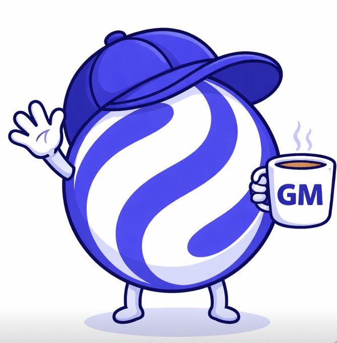 A cartoon blue mascot character with a swirling pattern wearing a cap, waving and holding a steaming coffee mug labeled 'GM'.