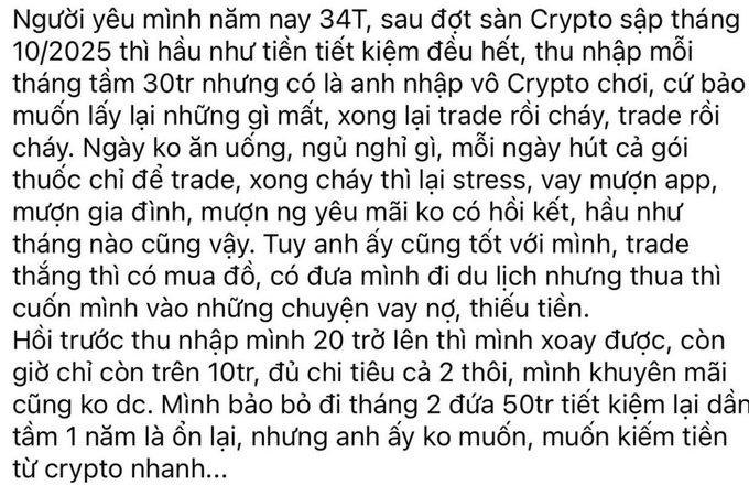 Vietnamese text describing a personal situation about a 34-year-old boyfriend who lost money in crypto trading, with monthly income reduced from 20 million to 10 million VND.