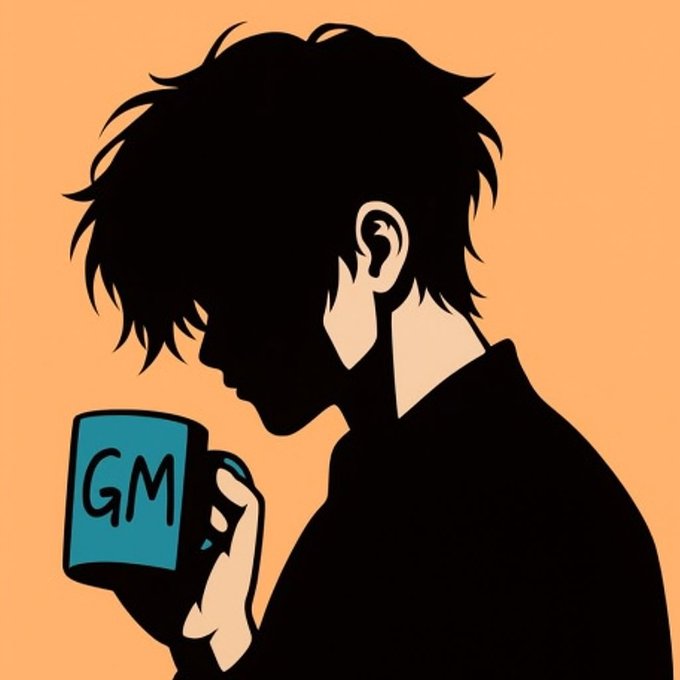 A minimalist anime-style illustration of a silhouetted male character with messy hair drinking from a blue mug that has 'GM' (Good Morning) written on it against an orange background.