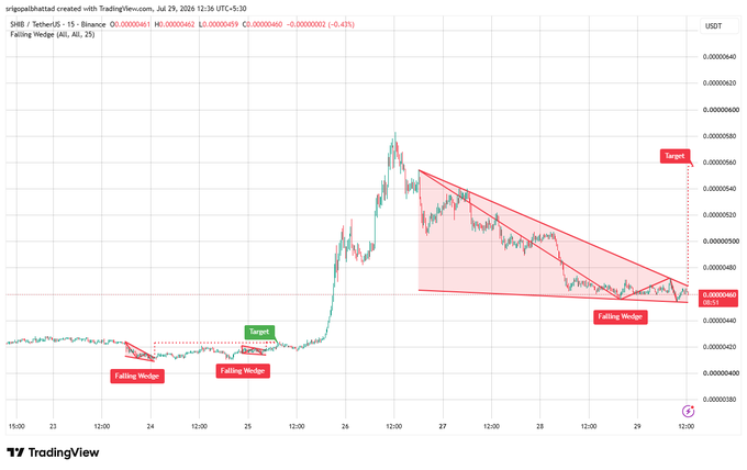 A TradingView chart for SHIB / TetherUS displaying 'Falling Wedge' patterns with Target levels marked for both smaller and larger wedge formations.