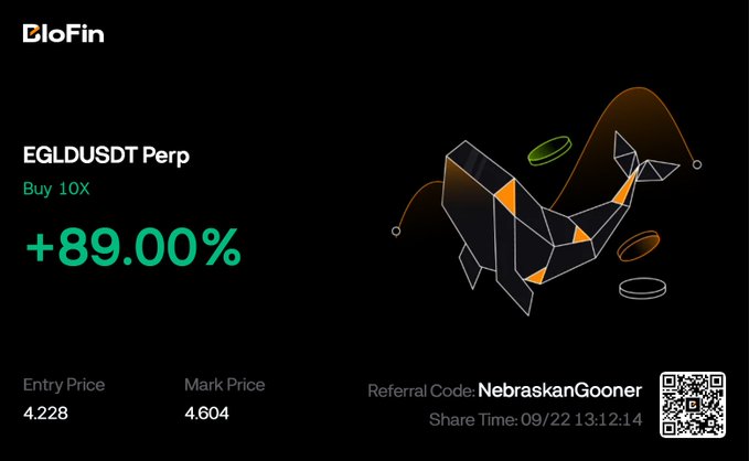 The image shows a BloFin promotional graphic displaying an EGLDUSDT Perp trade with a +89.00% gain, featuring a 10X long position with an entry price of 4.228 and mark price of 4.604, alongside a referral code "NebraskanGooner" and QR code with a share time of 09/22 13:12:14.

This appears to be a sponsored shoutout for BloFin that accompanies the post about chart requests, highlighting one example of a profitable trade to promote the crypto exchange's user rewards.