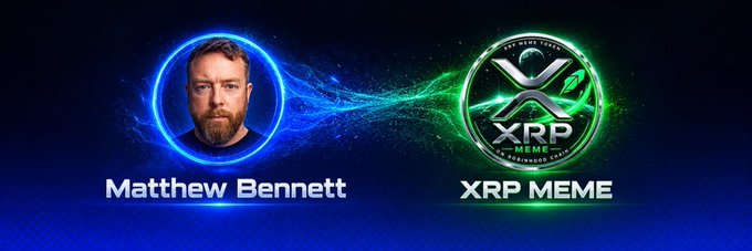 A promotional banner featuring a portrait of Matthew Bennett alongside the XRP MEME coin logo, with a glowing blue and green energy stream connecting the two.