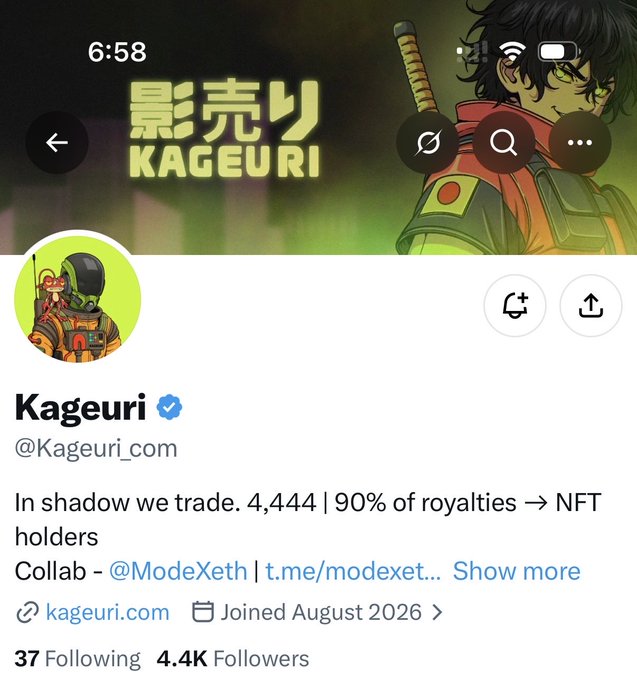 The image shows a Twitter/X profile for "Kageuri" (@Kageuri_com), a verified NFT project with 4.4K followers and the tagline "In shadow we trade. 4,444 | 90% of royalties → NFT holders," featuring anime-style artwork of a masked character with a sword. The accompanying post promotes the project's upcoming launch on the Robinhood chain, highlighting its 4,444 supply and $8 mint price in ETH, with the profile's details directly supporting the bullish alpha shared by the post's author.