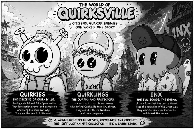 A black-and-white promotional poster for "The World of Quirksville" NFT collection featuring three factions: Quirkies (citizens), Quirklings (guards), and INX (enemies) with descriptions of each group's role.