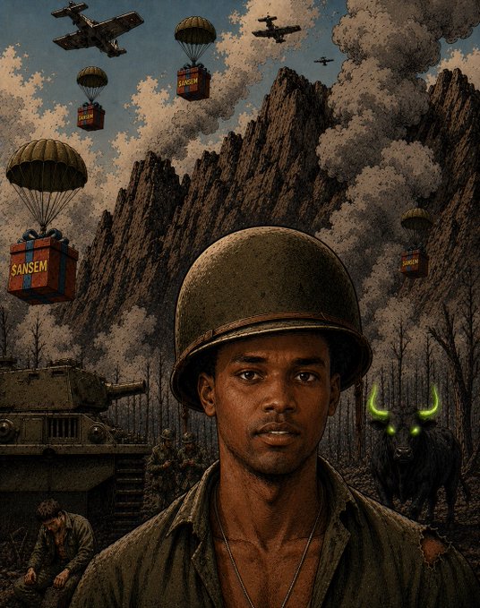 Dramatic military-themed illustration depicting a Black soldier in a helmet in the foreground, with planes dropping 'SANSEM' supply crates, a tank, infantry, a green-glowing horned bull creature, and a war-torn mountainous landscape.