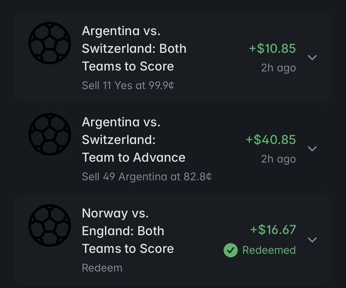 A sports betting app showing winning wagers: 'Argentina vs. Switzerland: Both Teams to Score' +$10.85, 'Argentina vs. Switzerland: Team to Advance' +$40.85, and a redeemed 'Norway vs. England: Both Teams to Score' for +$16.67.
