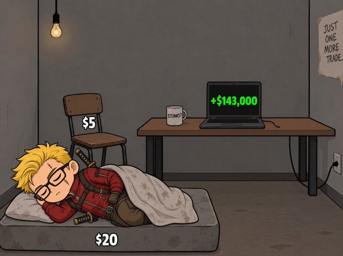 A cartoon depicts a disheveled blonde man with glasses sleeping on a $20 mattress with swords strapped to him, next to a laptop showing '+$143,000' and a chair labeled '$5', with a 'JUST ONE MORE TRADE' poster on the wall.