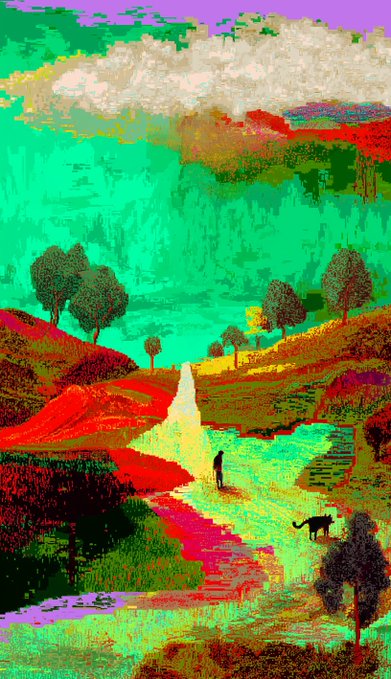 Vibrant, stylized digital artwork showing a colorful landscape with a person walking a cat along a path.
